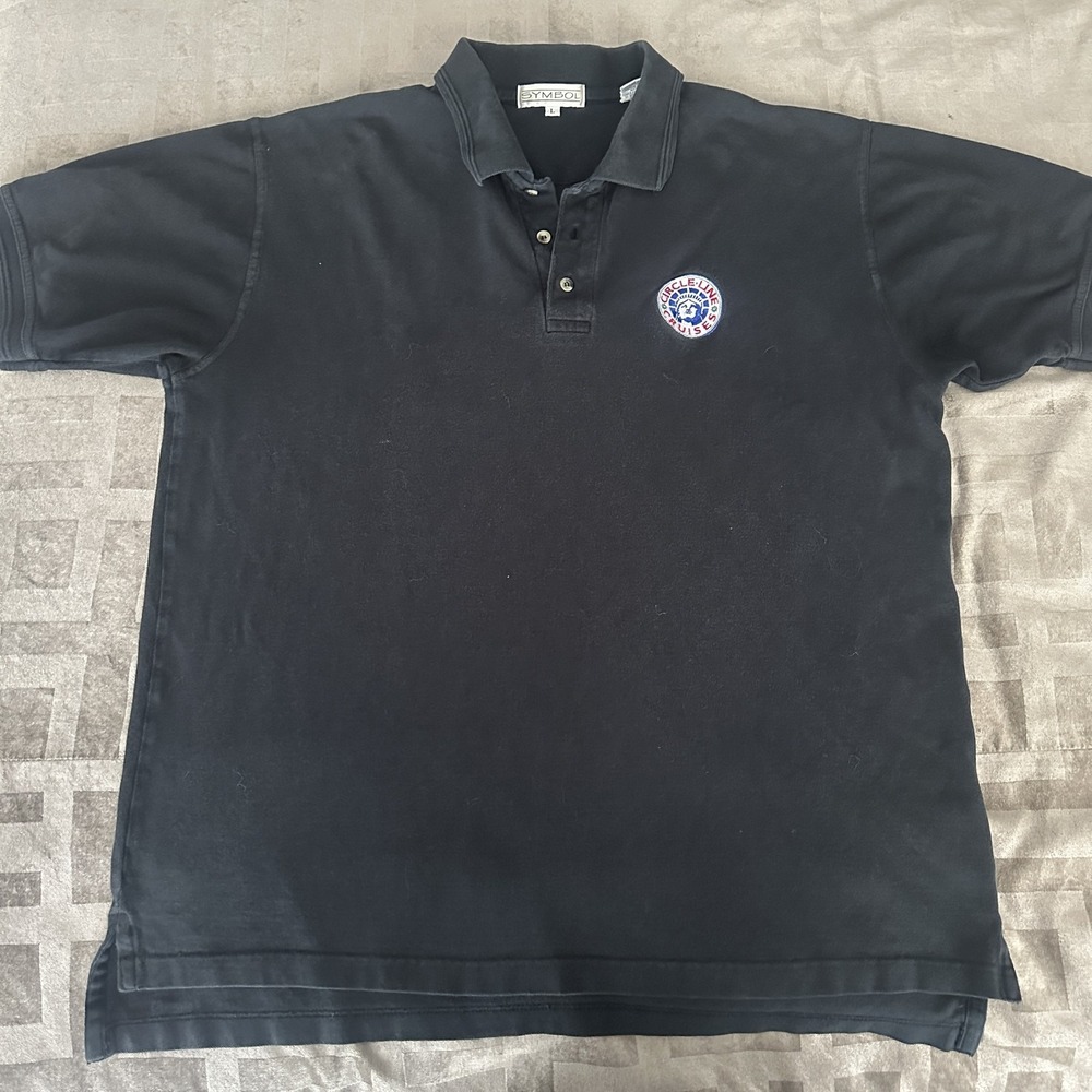 VTG SYMBOL Polo Shirt Mens Large Black Circle‎ Line Cruises Statue Liberty NYC